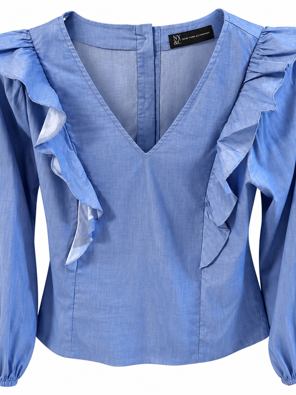 New York & Company Blue Ruffle V-Neck Long Sleeve Blouse XS
